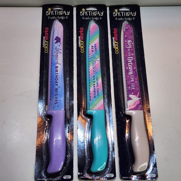 Farberware Unicorn Birthday Cake Knife Bundle of 3-Knives with Covers - Picture 1 of 3